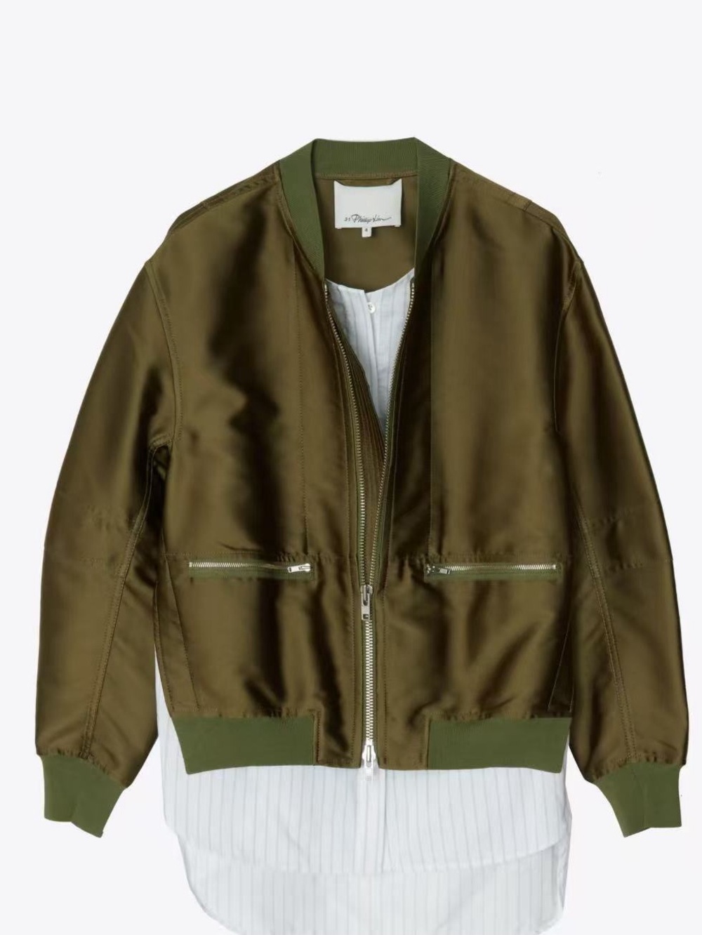 3.1 Phillip Lim Olive Satin Bomber Jacket+striped shirt lining
